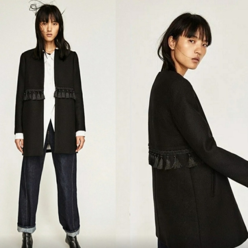 NWOT Zara Black Tassel Detail Waist Wool Mid Length Coat Jacket